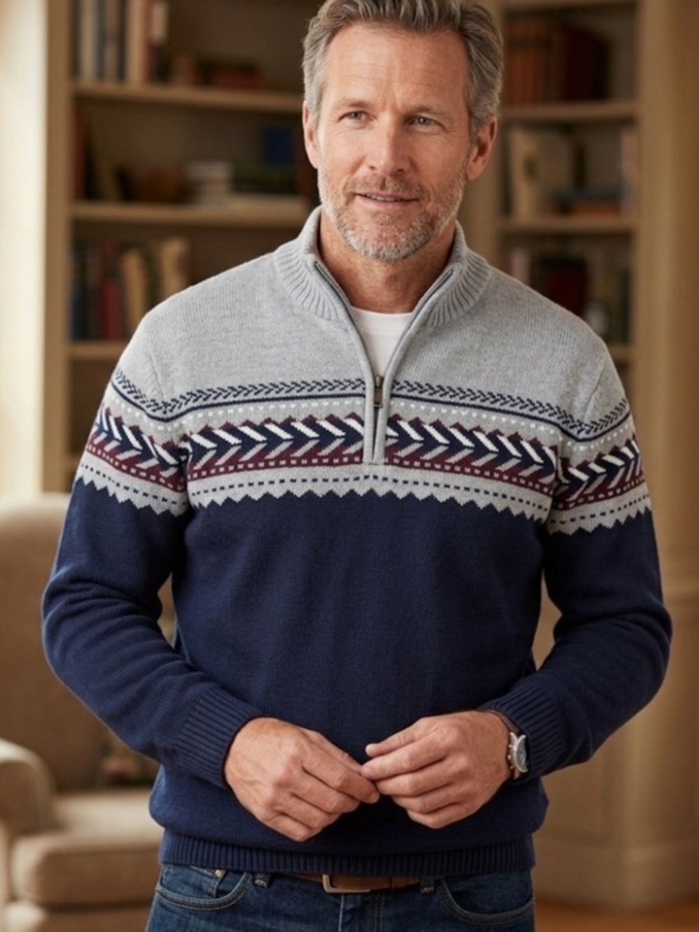Men's Navy and Light Gray Half-Zip Fair Isle Sweater XL